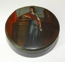 18thC Georgian Papier Mache Snuff Box Allegorical Hand Painted & Lined