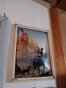 VINTAGE SILHOUETTE GLASS PICTURE, MAN ON HORSE w/ DOG  