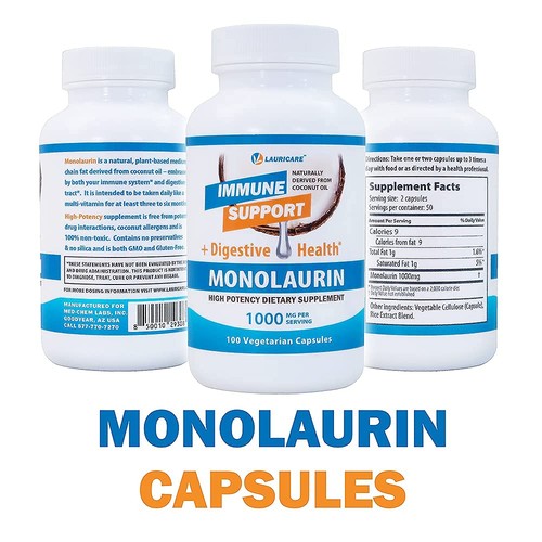 Lauricare Monolaurin Supplement 1000mg - Immune & Gut Health - 100 Capsules - Picture 2 of 7