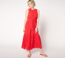 Destination 365 Women's Petite Dress PS Eyelet Sleeveless Maxi Self Red A653942