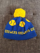 Vintage 80s Milwaukee Brewers Knit Beanie Hat Pom Old School Colors Spellout