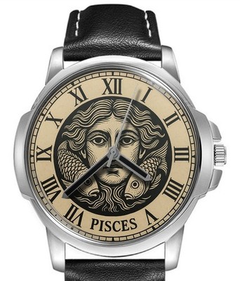 Sternzeichen Fische Lederband großes Zifferblatt Armbanduhr