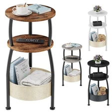 Round End Table with Storage Basket,3-Tier Accent Bedside Corner Table For Room