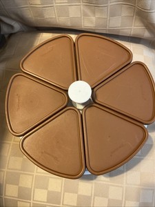Vintage Tupperware White Lazy Susan 6 Pie Wedge Brown Container Lids