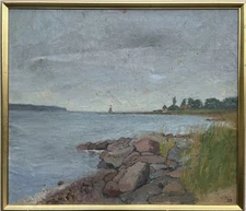Impressionist Danish Coastal Landscape Lighthouse Shore Stones Reed Oil Painting
