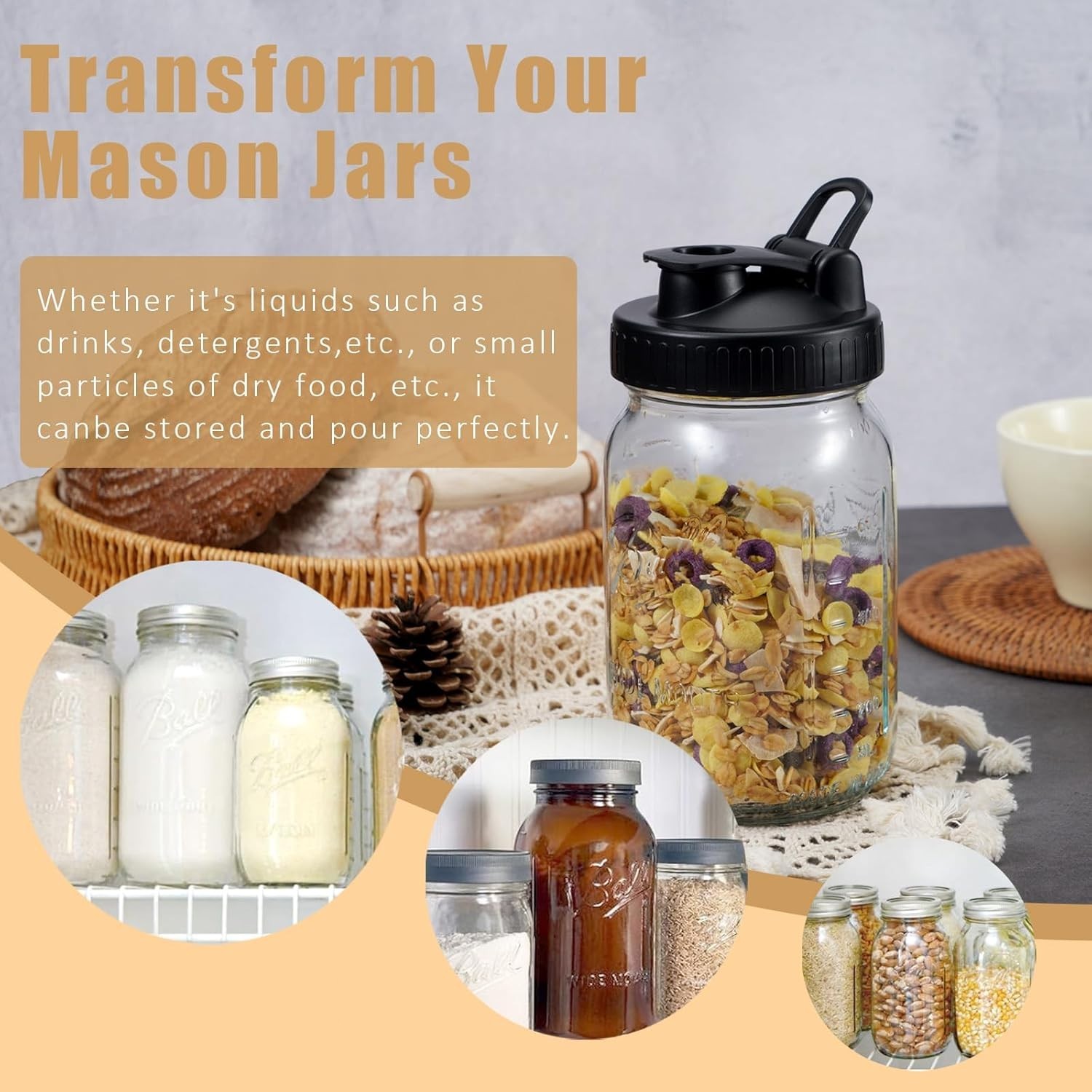 Mason Jar Lids Flip Cap Pouring Spout Leak-Proof Wide Mouth 4 Pack