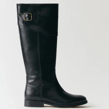 NEW! MANGO Black Bovine Leather Tall Riding Style Flat Boots 7.5.