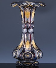 SUPERB c1830 BIEDERMEIER BOHEMIAN RUBY CUT TO CLEAR GOLD ENAMEL CASED GLASS VASE
