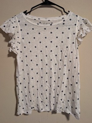 LOFT Black Polka Dot Natural White Linen Flutter Sleeve Lightweight Shirt SMALL