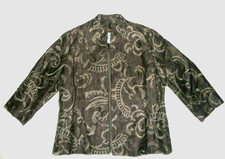 Womens Jacket-CHICO'S-brown w/gold embroidery linen open lined 3/4 slv-2 10/12 