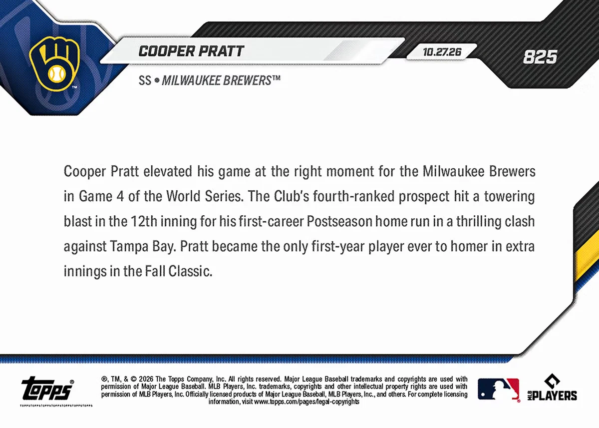 Cooper Pratt 2026 MLB Topps Now Serie Mundial #825 Milwaukee Brewers Preventa