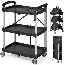 VEVOR Foldable Utility Service Cart 3 Shelf 165LBS with Swivel Lockable Wheels