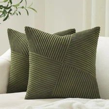Olive Green Corduroy Throw Pillow Covers Set of 2 18x18 Inches Boho Cushion Case