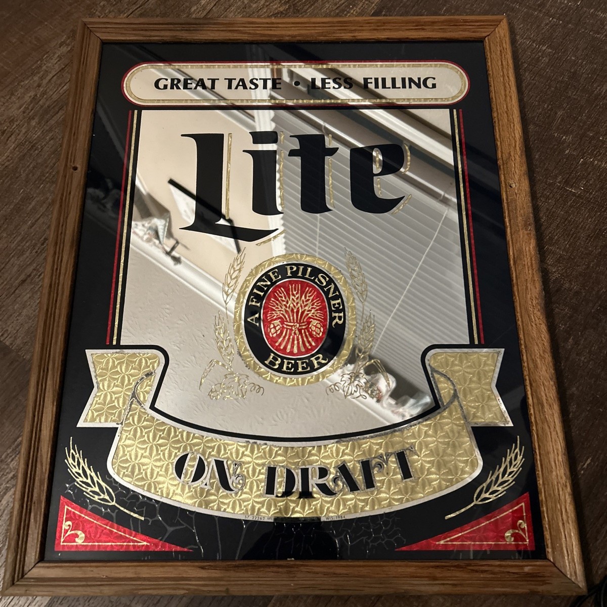 Vintage Miller Lite Beer Bar Mirror Wood Frame Great Taste Less