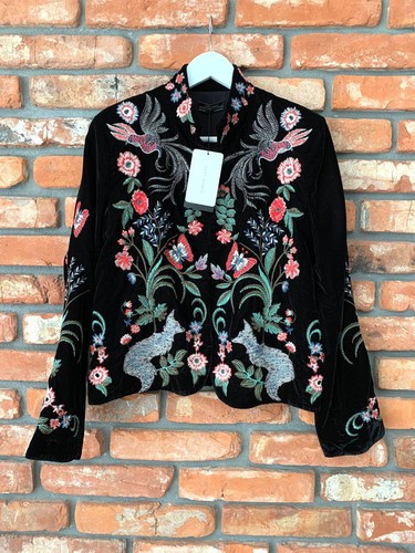 A856 ZARA VELVET BLAZER BLACK EMBROIDERED FLORAL KIMONO COAT JACKET MEDIUM - M - Picture 20 of 24