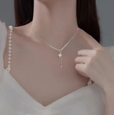 Women 925 Silver Plated Dangle Star CZ Pendant Necklace Choker 16+2" Gift PE60