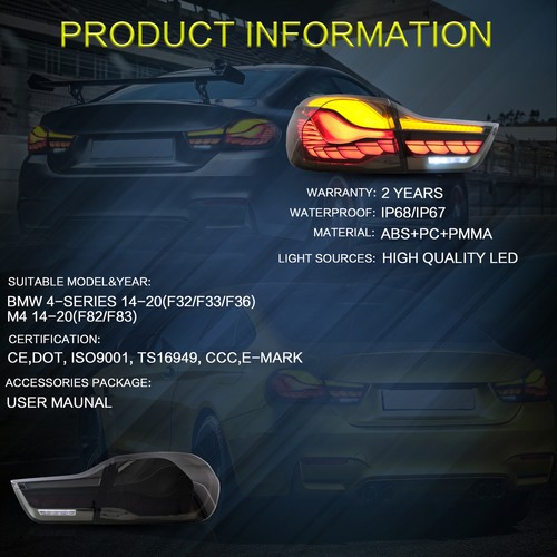 VLAND Smoked LED Tail Lights Rear Lamps For 2014-2020 BMW F32 F33 F36 F82 F83 M4 - Picture 10 of 12