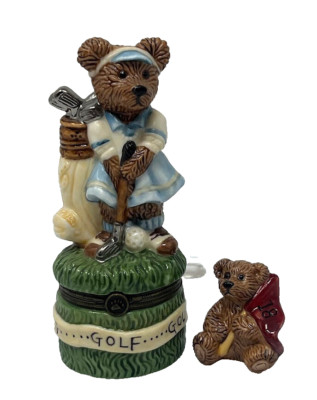 Boyd s Bears Bearware Pottery Golfer Trinket Box w/ Surprise Baby Bear Figurine