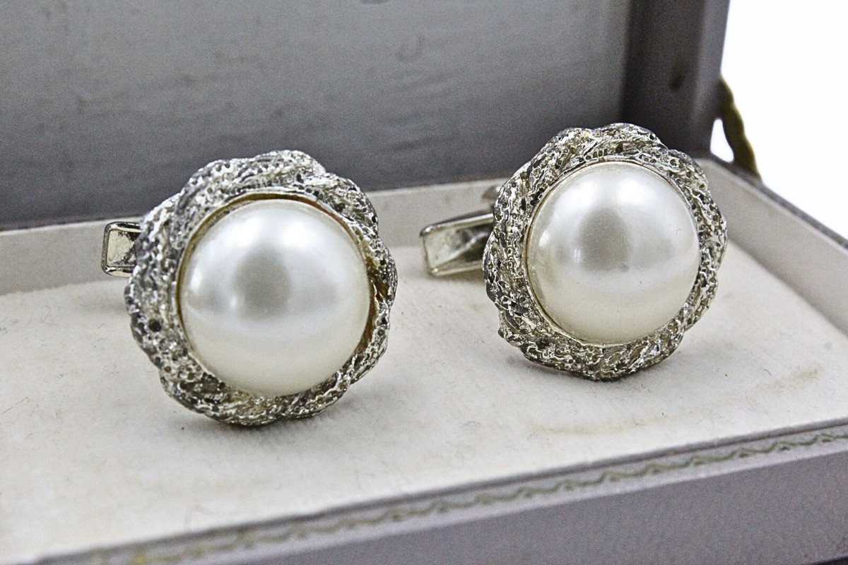 Distinguished White Faux Pearl Silver Tone Textured Cufflinks View 2