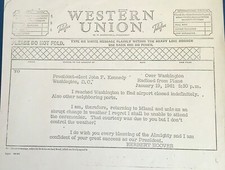 Herbert Hoover to John F Kennedy January 19 1961 Western Union Telefax Photocopy