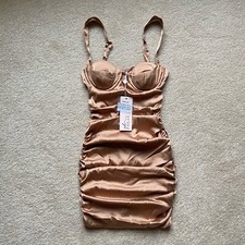 BNWT Oh Polly It Girl Mocha Brown Satin Cupped Ruched Bodycon Mini Dress Size 6