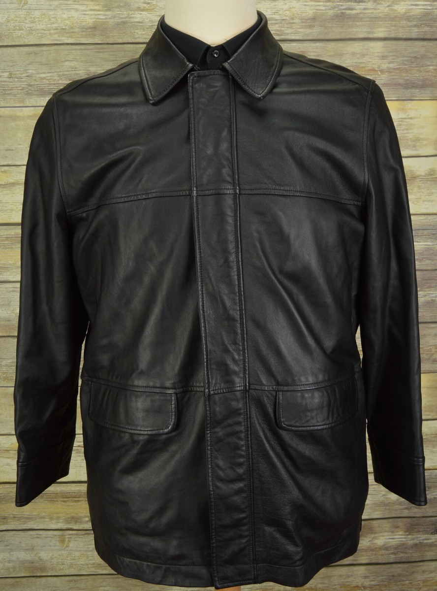 Mens black leather coat XL jacket 46 Marks and Spencer trench