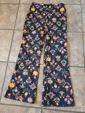 Vintage Women's Pants Flare Bottom Black Pink Yellow Orange Bird