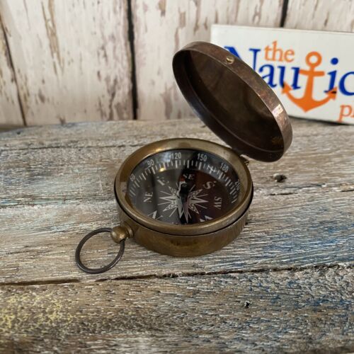 Antique Finish Brass Compass With Hinged Lid, Old Pocket Style, Maritime - Picture 1 of 4