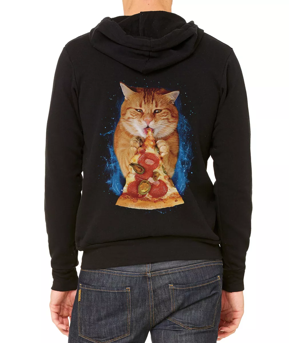 Men s Pizza Cat C9 Black Zipper Hoodie Funny College Humor Kitten