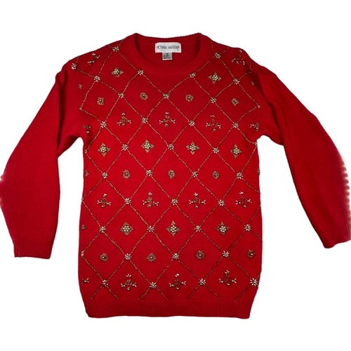 Victoria Harbour Vintage Ramie Cotton Holiday Sweater, red & gold, beaded, 80s