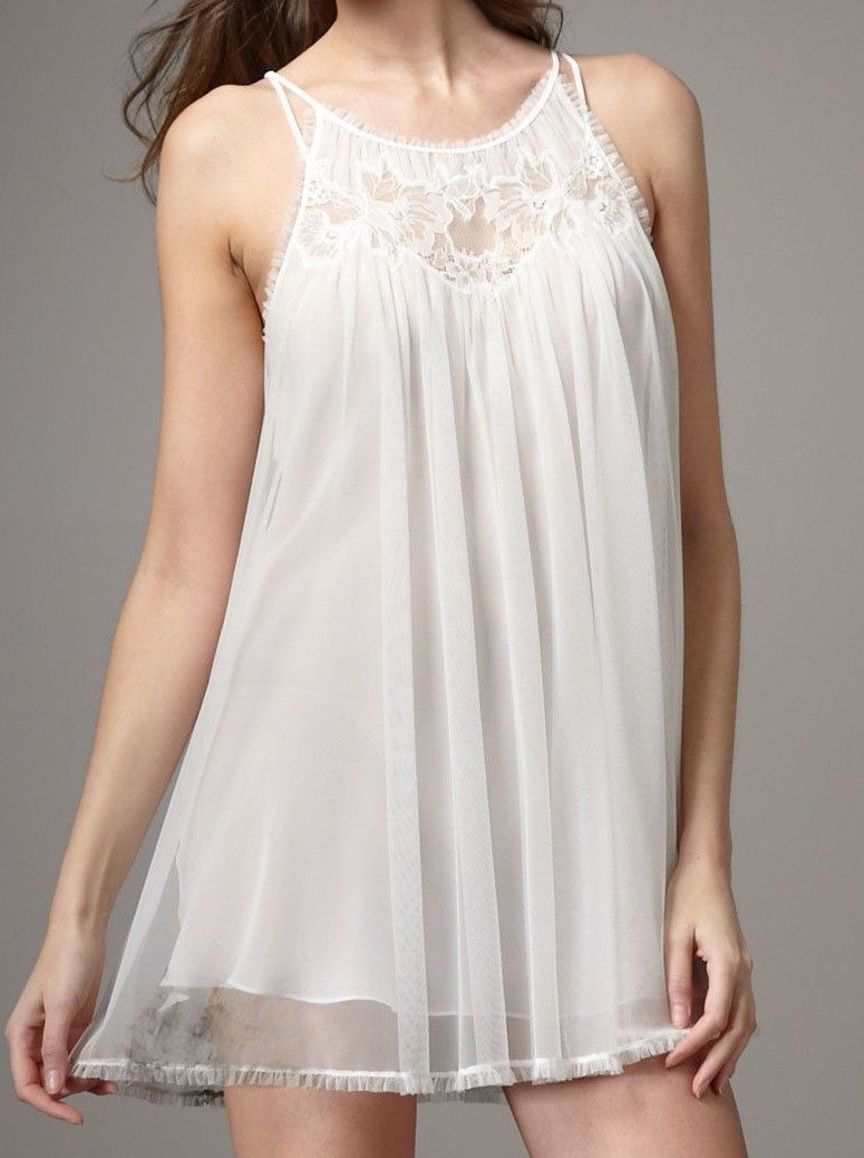 $168 New Oscar de la Renta White Sheer Romance Chemise Pearl Lace Floral  L