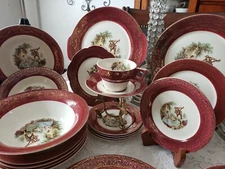 Sebring - Serenade- 55 Piece Dinnerware Set - Burgundy  Band with Golden Scrolls