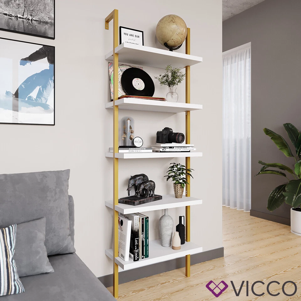 Bibliothèque étagère étagère murale 5 tablettes Loft Ava Blanc Dorés Vicco - Photo 4/4