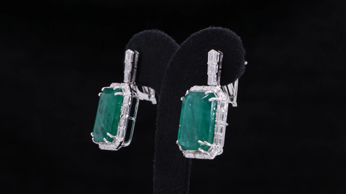 Zambian Emerald SI/H Baguette Diamond Dangle Drop Earrings 14k White Solid Gold - Video 1 of 1