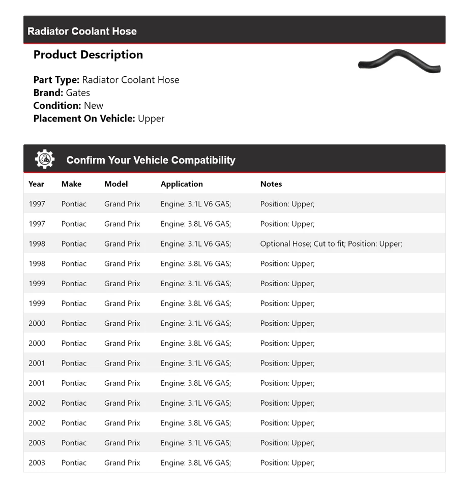 For 1997-2003 Pontiac Grand Prix Radiator Coolant Hose Upper Gates 1998 1999 - Image 2 of 4