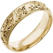 Wedding Band 7mm Hand Engraved Ring 14K Yellow Gold Wedding Ring Milgrain Edge