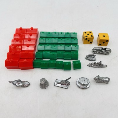 1961 Monopoly 8 Pewter Player Pieces Tokens 2 Dice 12 Hotels 30 Houses