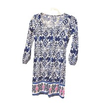 Lilly Pulitzer Blue White Ikat Elephant Print Cotton 3/4 Sleeve Dress XXS