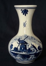 Delft Holland Blue White Pottery Vase Windmill Scene Hand Painted Vintage
