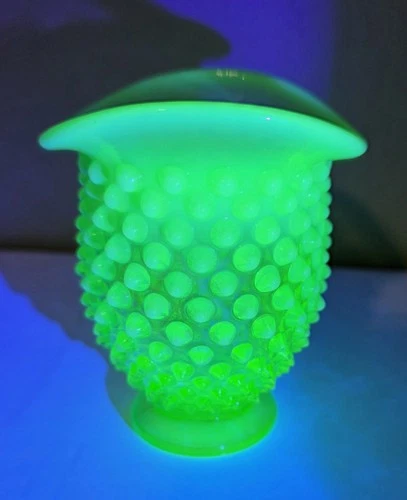 Vtg Fenton Small Vase Green Opalescent Hobnail Flared Rim Pedestal 3.5" GLOWS