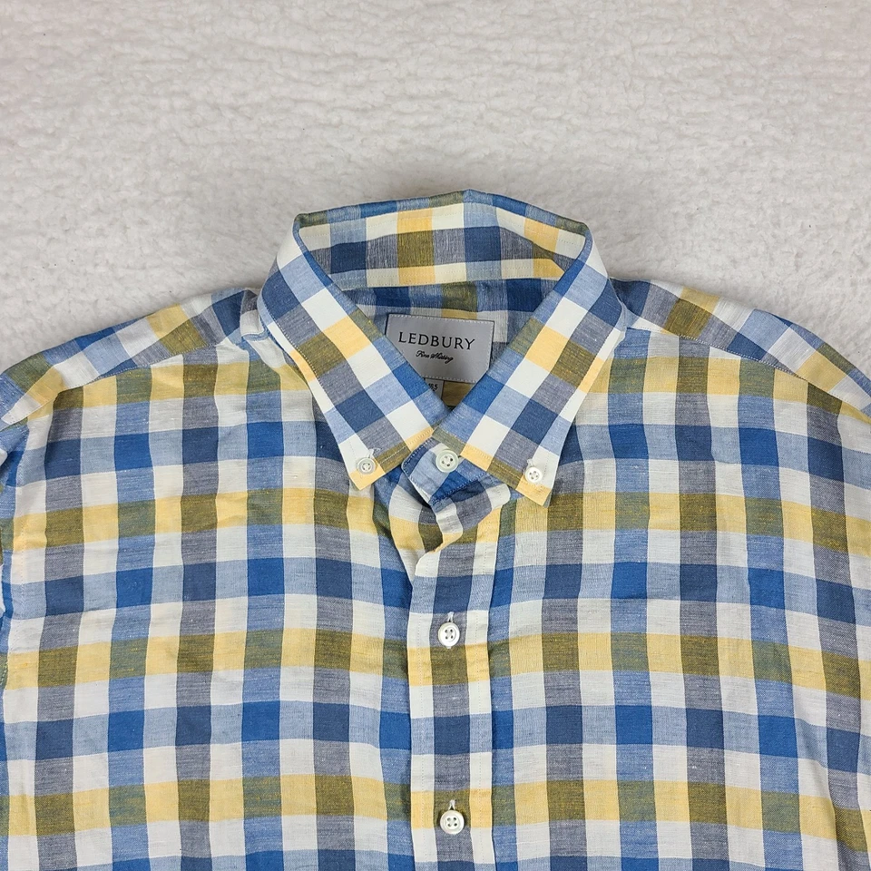 Camisa Ledbury Para Hombres 16.5-35 Azul Amarillo Blanco Vestido A Cuadros Lino Con Botones Foto 3 de 4