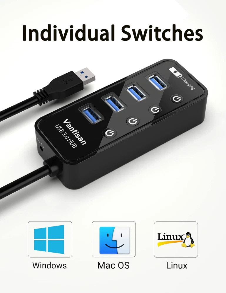 4-Port Powered USB 3.0 Hub with Data Transfer & Extension