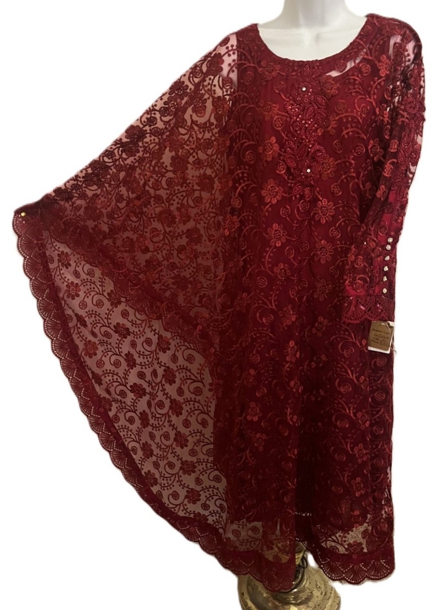 ladies poncho dress New Maroon sheer Caftan Cape style lace net tunic shirt & pants S vintage jersey