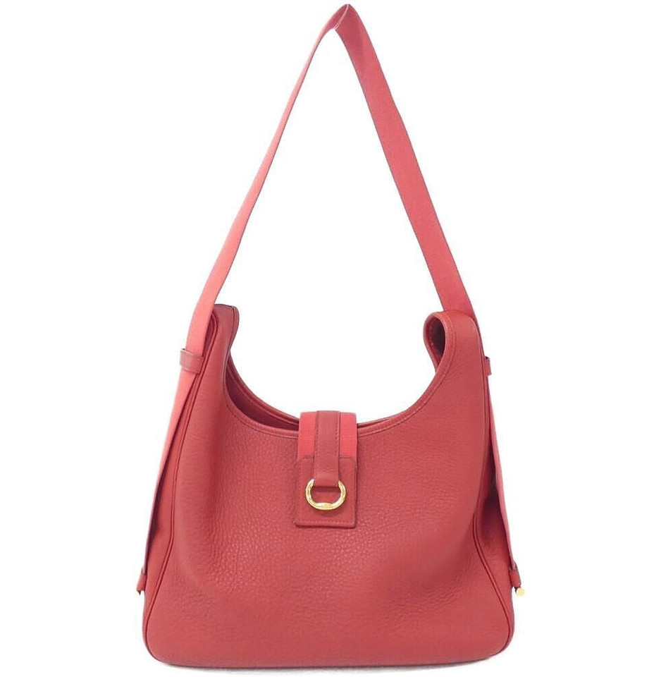 Hermes Saco Shoulder Bag Red Leather Gold Hardware Vintage France Authentic