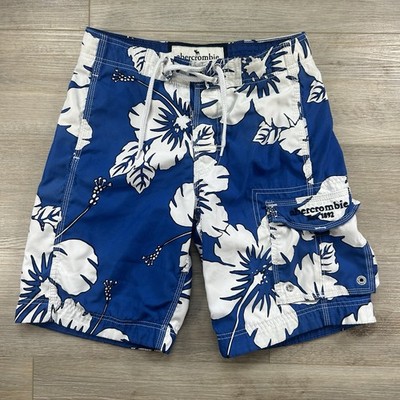 Abercrombie & Fitch Board Shorts Men Medium Blue Hawaiian Baggy Y2k Hibiscus
