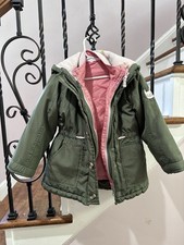 Cat  Jack Girls Parka Jacket Green Hooded 6-6X Pink Lining Long Sleeve