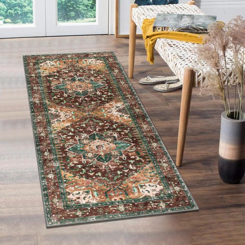 Yamaziot Washable Runner Rug, 2x5 Non-Slip Boho 2' x 5', Rust/Dull Teal