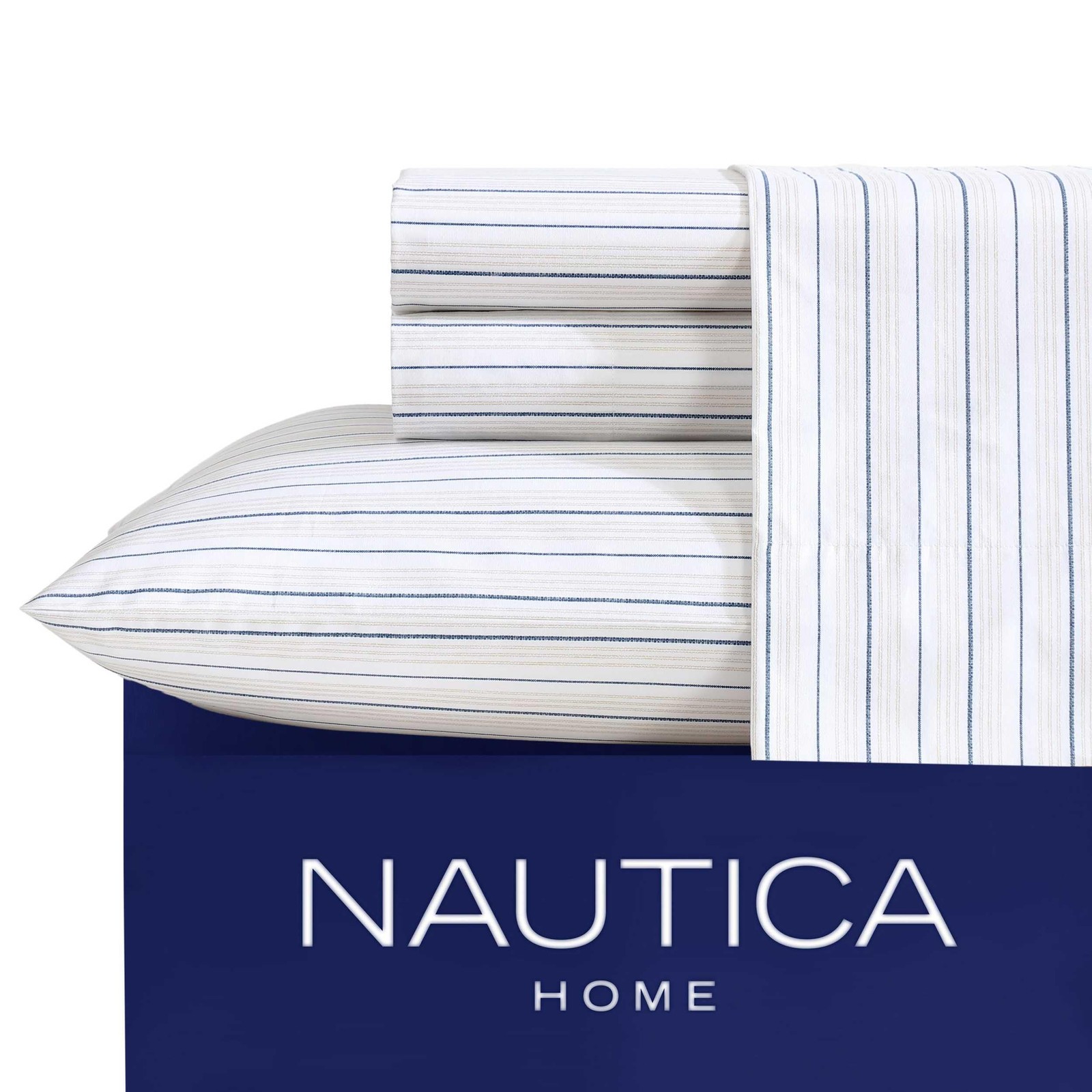 Nautica Beaux Stripe Blue Queen Bed Linen Set 100 Cotton Percale Bedding