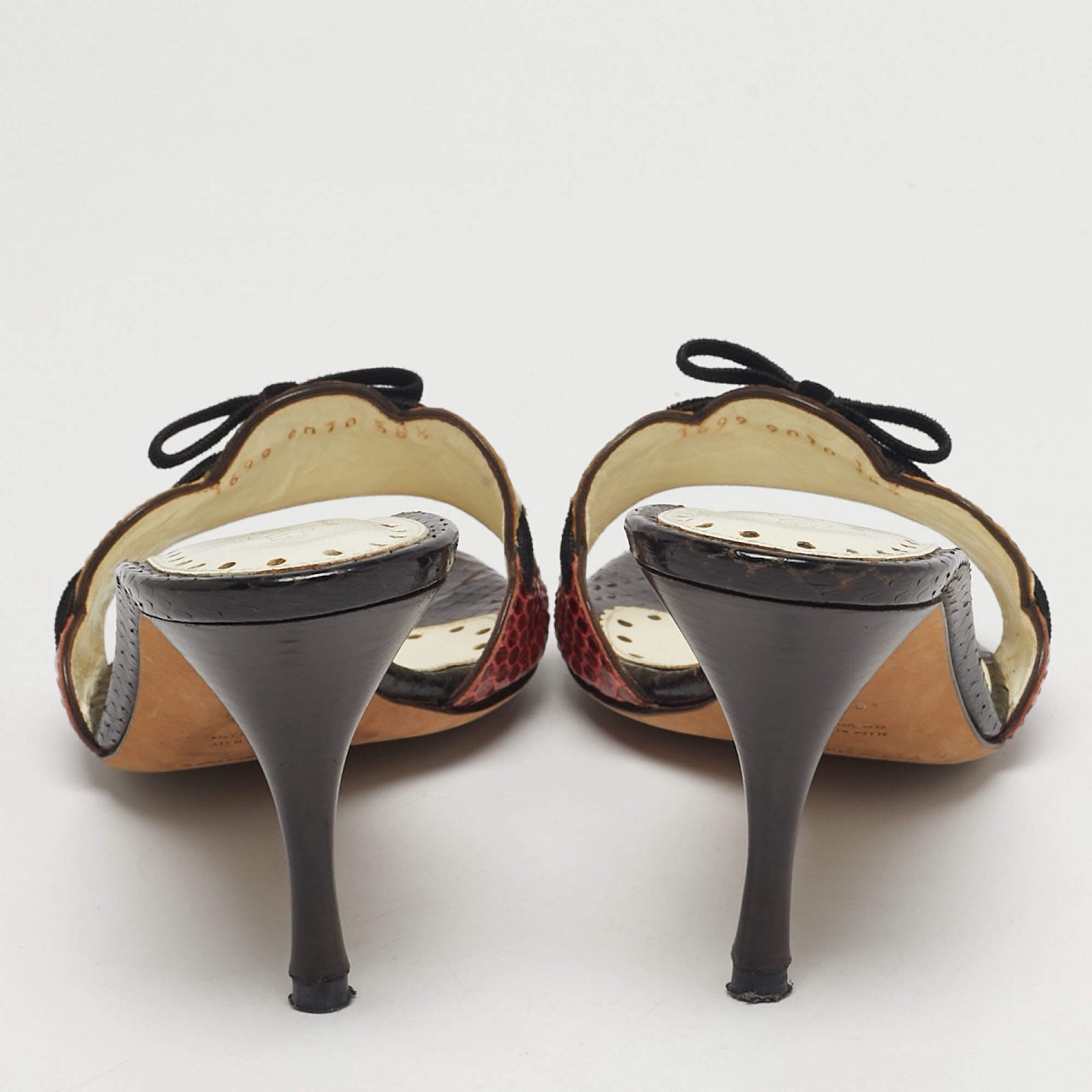 Saint Laurent Size 38.5 Multicolor Snakeskin Leather Bow Slide Sandals thumbnail 5