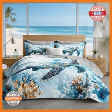 Uevbf Coastal Bedding Quilt Sets Twin Sizesummer Blue Sea Turtles Jellyfish